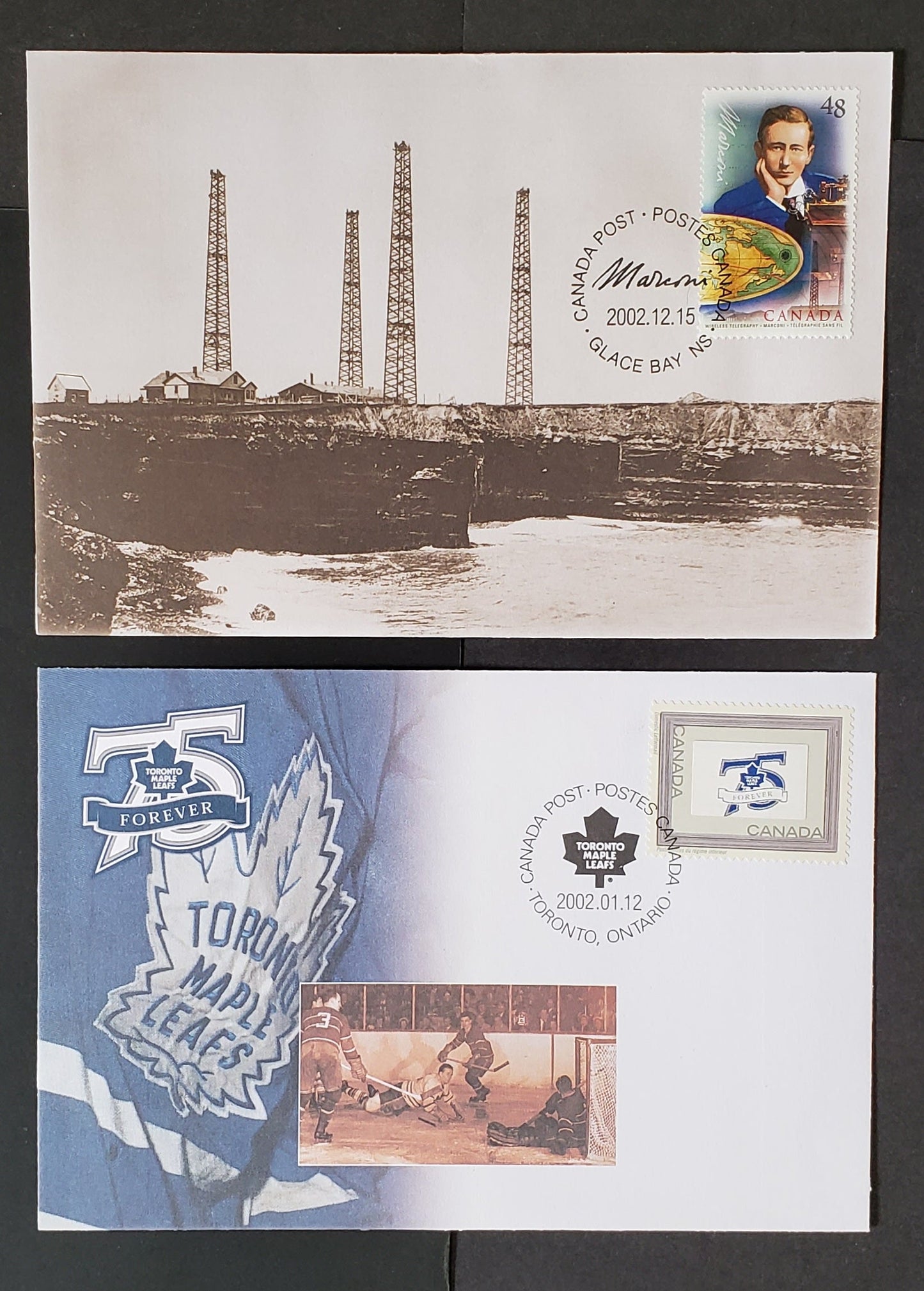 Canada #S47, S51 48c Multicoloured Various Designs 2002 Marconi & Toronto Maple Leafs, Canada Post Special Event Covers Franked With Singles, HB Envelopes Only 10-20,000 Issued, Cat. Value $10