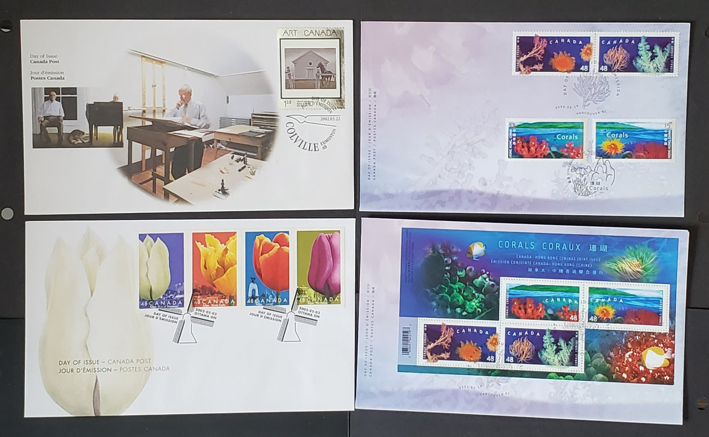 Lot 14 Canada #1945-1951b, 1950-51 48c-$1.25 Multicoloured Various Designs 2002 Art Canada - Corals, 4 Canada Post First Day Covers Franked With Singles, DF & HF Envelopes Includes Joint Issue With Hong Kong, Cat. Value $23.4