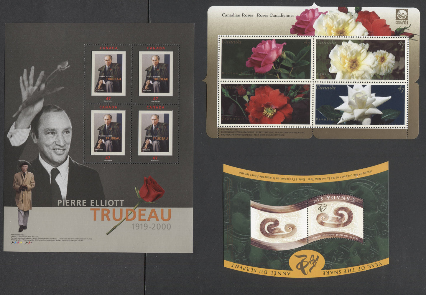 Canada #1884-1910 47c-$1.05 Multicoloured Snake & Chinese Symbol-Canadian White Star, 2001 Lunar New Year - Roses, 3 Souvenir Sheets, MF & NF/NF TRC Papers, Ashton Potter Printings, VF-80 NH, Unitrade Cat. $13.5,