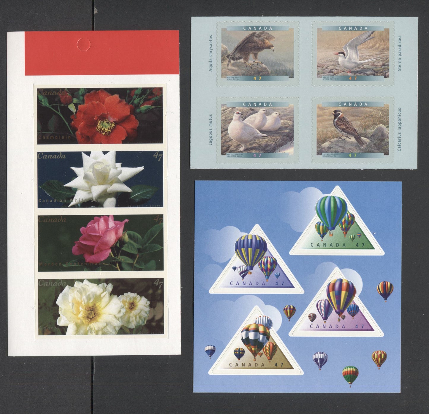 Lot 18 Canada #1890-1893, 1914a, 1921a-1921d 47c Multicolored Golden Eagle - Hot Air Balloon, 2001 Birds - Air Balloons, 3 VFNH Booklet Panes Of 4 On NF/HB, NF/MF & LF/HB TRC Papers