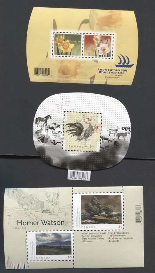Lot 374 Canada #2084,2087,2091,2106b,2110, 2005 Year Of The Rooster - Homer Watson Issues,  5 VFNH Souvenir Sheets On NF/NF Paper $25