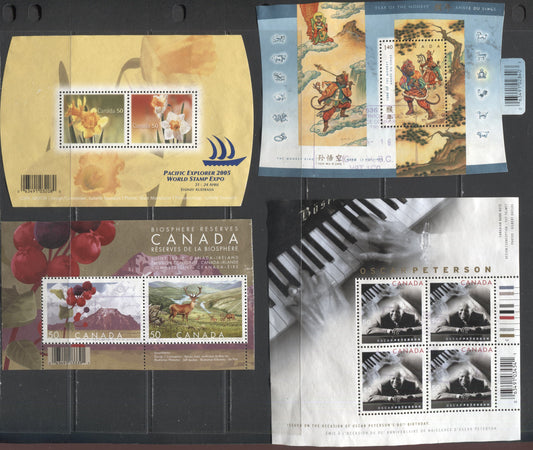 Lot 375 Canada #2016, 2091, 2106b, 2118a 50c-$1.40 Multicolored Monkey - Oscar Peterson, 2004 Lunar New Year - Oscar Peterson, 4 Very Fine Used Souvenir Sheets With Contemporary Cancels, With A Few Small Minor Surface Abrasions