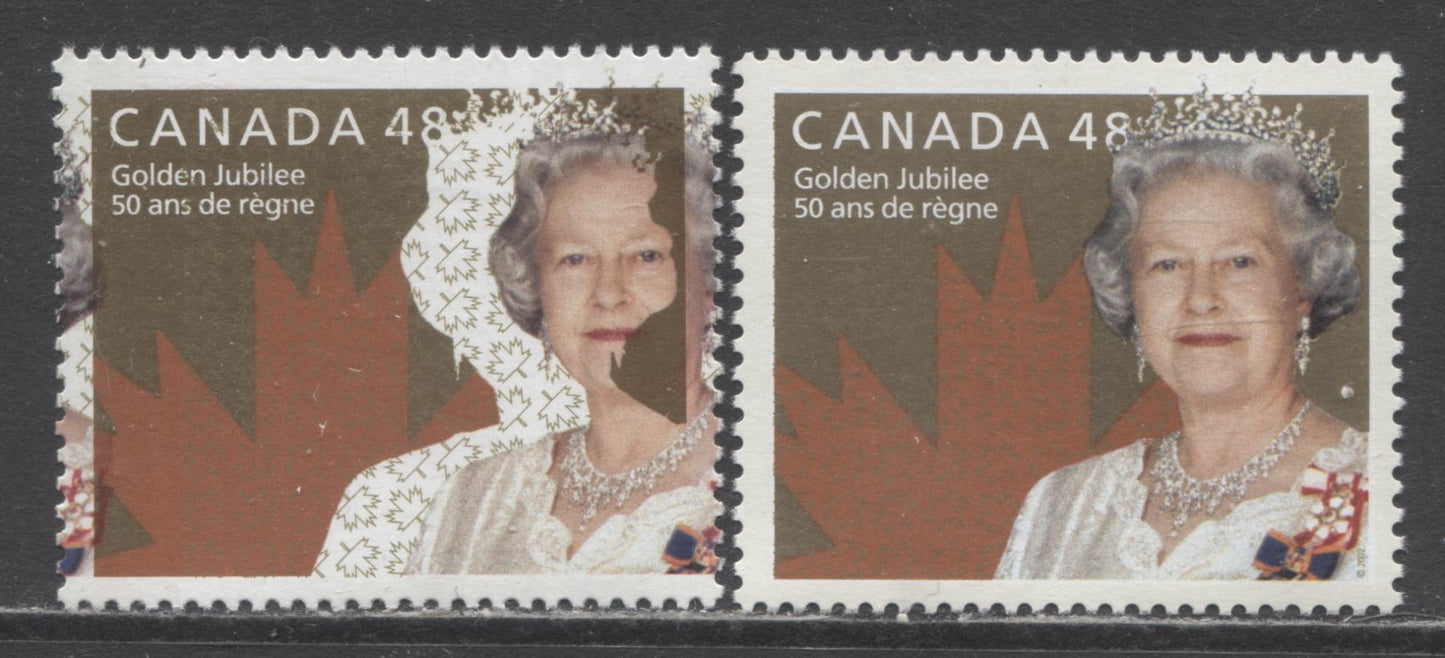 Lot 388 Canada #1932 48c Multicolored Queen Elizabeth II, 2002 Golden Jubilee, A VFNH Single With Dramatic Printing Shift With Normal For Comparison