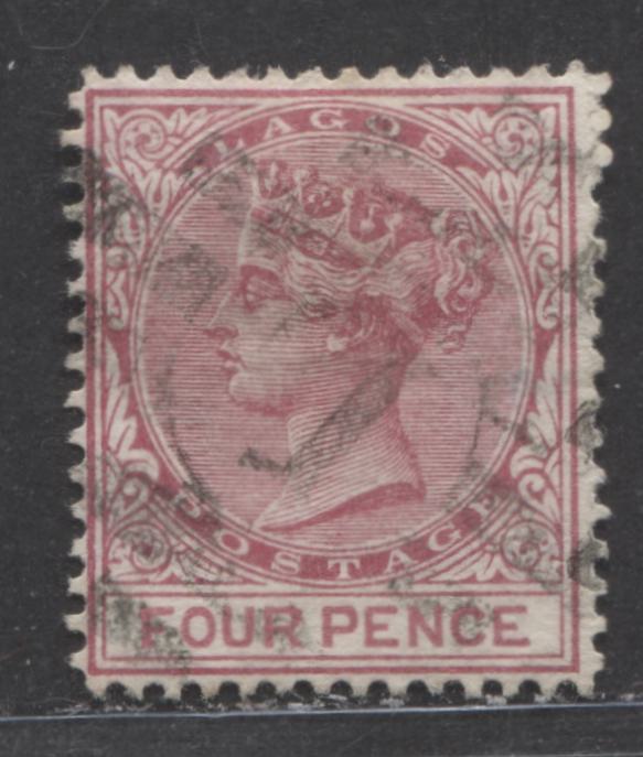 Lot 103 Lagos SC#10var 4d Deep Carmine 1876-1879 Crown CC Watermark, Perf 14 Line, Sideways Watermark, A Very Fine Used Example, Click on Listing to See ALL Pictures, Net Est. Value $130