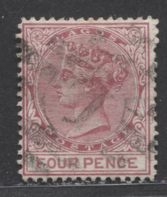 Lot 103 Lagos SC#10var 4d Deep Carmine 1876-1879 Crown CC Watermark, Perf 14 Line, Sideways Watermark, A Very Fine Used Example, Click on Listing to See ALL Pictures, Net Est. Value $130