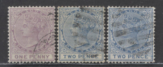 Lot 33 Lagos SC#14/16 1882-1884 Crown CA Watermark, 1d Lilac & 2d Blue, Perf 14 Comb, 3 Very Fine Used Singles, Click on Listing to See ALL Pictures, 2022 Scott Classic Cat. $44.5 USD