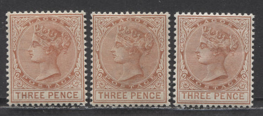Lot 67 Lagos SC#20 3d Chestnut 1882-1884 Crown CA Watermark, Perf 14 Comb, Three Different Shades, 3 VFOG Examples, Click on Listing to See ALL Pictures, 2022 Scott Classic Cat. $60 USD