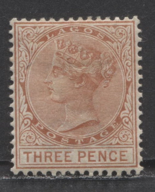 Lot 68 Lagos SC#20 3d Chestnut 1882-1884 Crown CA Watermark, Perf 14 Comb, Crackly Gum, Early Printing, A VFOG Example, Click on Listing to See ALL Pictures, 2022 Scott Classic Cat. $20 USD