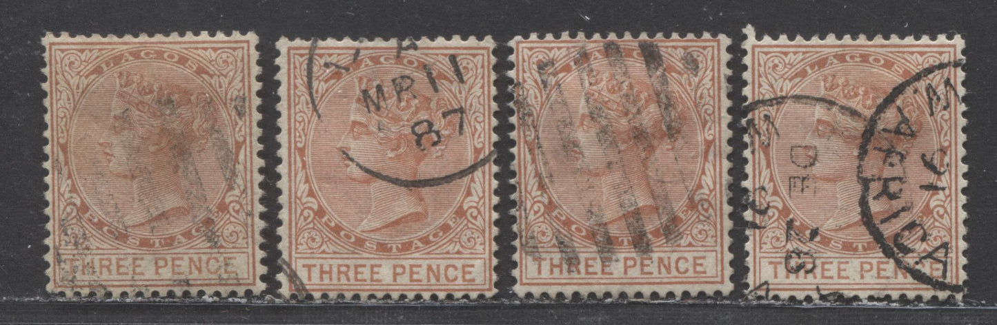Lot 69 Lagos SC#20 3d Chestnut 1882-1884 Crown CA Watermark, Perf 14 Comb, 4 Very Fine Used Examples, Each a Different Printing, Click on Listing to See ALL Pictures, 2022 Scott Classic Cat. $35 USD