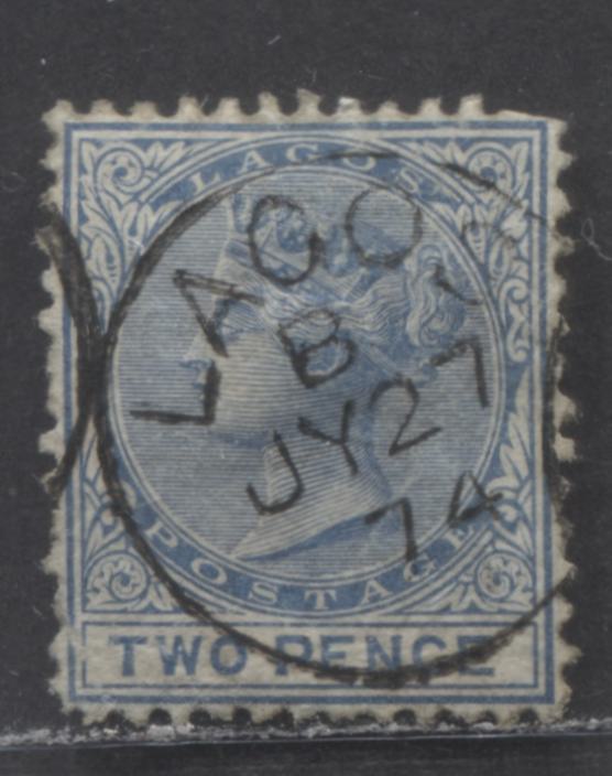 Lot 7 Lagos SC#2 2d Blue & Deep Blue 1st Printing From May 12, 1874  Queen Victoria, Frame Break At LL, Lagos CDS July 27, 1874 Timecode B, 1,980 Produced, Perf 12 1/2 Line, Crown CC Wmk, A Fine Used Example, 2022 Scott Classic Cat. $45 USD