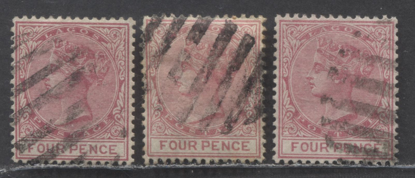 Lagos SC#22 4d Carmine, Rose & Carmine Rose 1882-1884 Crown CA Watermark, Perf 14 Comb, 3 Very Fine Used Examples, Each A Different Printing, Click on Listing to See ALL Pictures, 2022 Scott Classic Cat. $42 USD