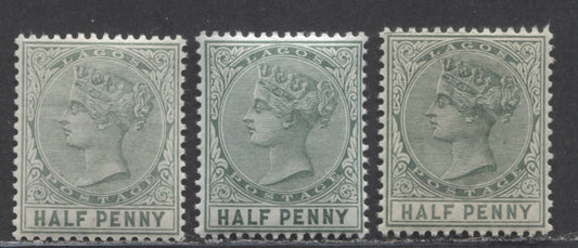 Lot 104 Lagos SC#13 1/2d Dull Pale Green, Dull Blue Green & Dull Green 1884-1886 Colour Changes & New Values, Crown CA Watermark, Perf 14 Comb, 3 VFNH Examples, Each A Different Printing, Click on Listing to See ALL Pictures, Estimated Value $20 USD