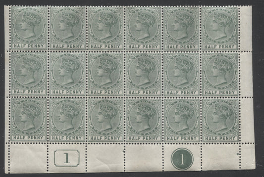 Lot 73 Lagos SC#13 1/2d Deep Green 1884-1886 Colour Changes & New Values, Crown CA Watermark, Perf 14 Comb, A VFNH Part Sheet of 18, Click on Listing to See ALL Pictures, 2022 Scott Classic Cat. $150 USD