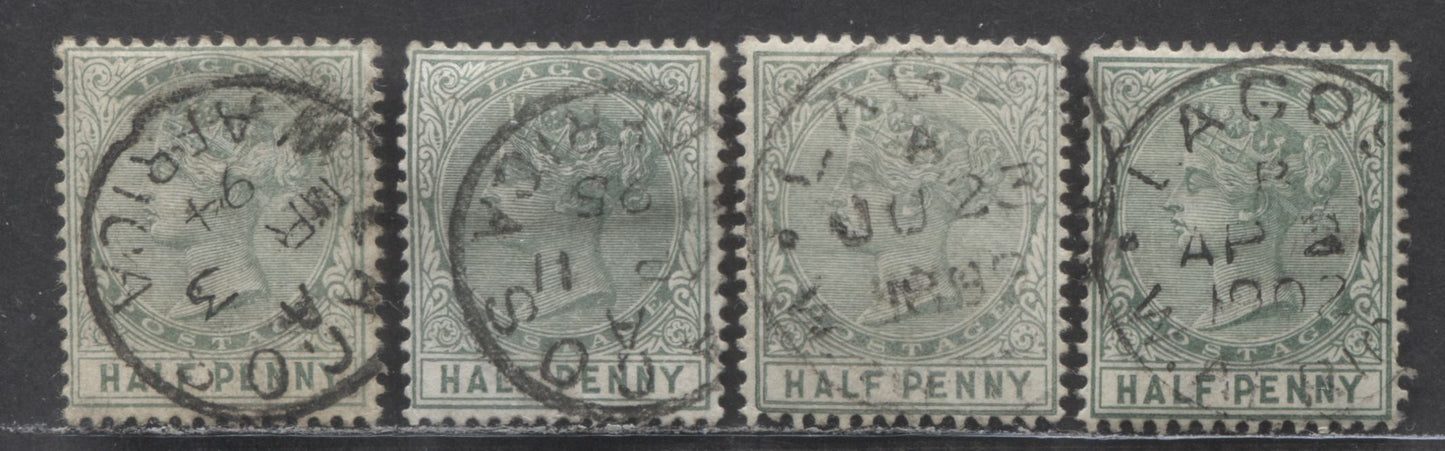 Lot 34 Lagos SC#13 1/2d Deep Dull Green, Dull Green & Dull Bluish Green 1884-1886 Colour Changes & New Values, Crown CA Watermark, Perf 14 Comb, Large CDS Cancellations, 4 Very Fine Used Examples, Estimated Value $100 USD