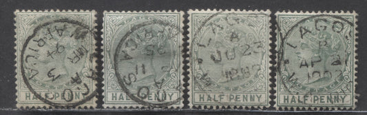 Lot 34 Lagos SC#13 1/2d Deep Dull Green, Dull Green & Dull Bluish Green 1884-1886 Colour Changes & New Values, Crown CA Watermark, Perf 14 Comb, Large CDS Cancellations, 4 Very Fine Used Examples, Estimated Value $100 USD
