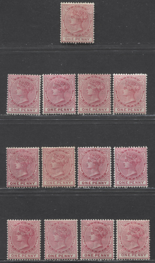 Lot 81 Lagos SC#15 1d Carmine, Rose & Rose Carmine 1884-1886 Colour Changes & New Values, Crown CA Watermark, Perf 14 Comb, Printings Made Between 1884 & 1902, 13 VFOG Examples, Click on Listing to See ALL Pictures, Estimated Value $125 USD