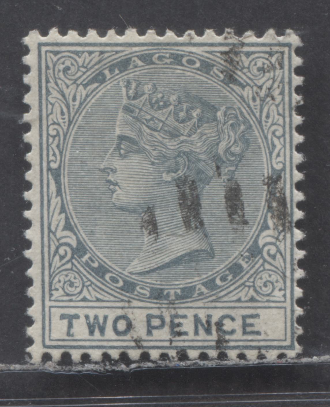 Lot 90 Lagos SC#17var 2d Slate Gray 1884-1886 Colour Changes & New Values, Crown CA Watermark, Perf 14 Comb, Constant Damaged 'T' In 'Two' Variety, A Very Fine Used Example, Click on Listing to See ALL Pictures, Estimated Value $20 USD
