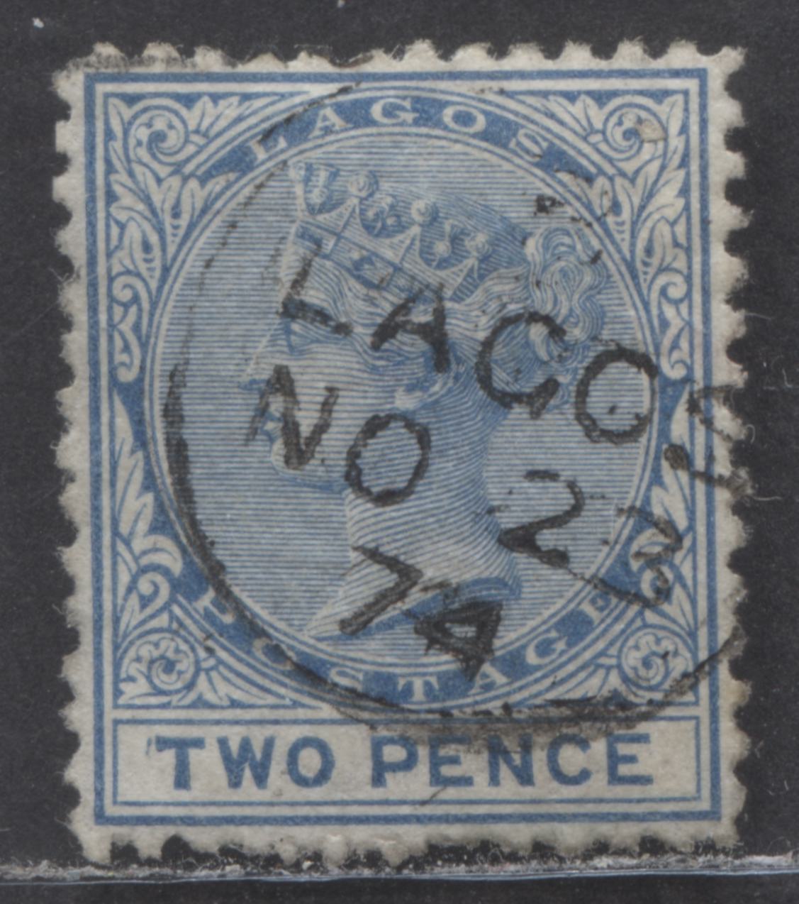 Lot 9 Lagos SC#2 2d Deep Blue & Prussian Blue 2nd Printing From Sept 14, 1874, Queen Victoria, Duty Plate Shows Apostrophe Flaw, Scarcer Proud Type D4 Lagos CDS Nov 23, 1874 With Lagos In Center, VF Used Stamp, Est Value $75 USD
