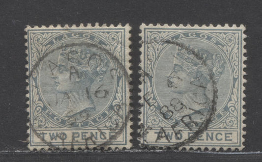 Lot 91 Lagos SC#17 2d Gray 1884-1886 Colour Changes & New Values, Crown CA Watermark, Perf 14 Comb, CDS Cancels, 2 Very Fine Used Examples, Click on Listing to See ALL Pictures, 2022 Scott Classic Cat. $19 USD