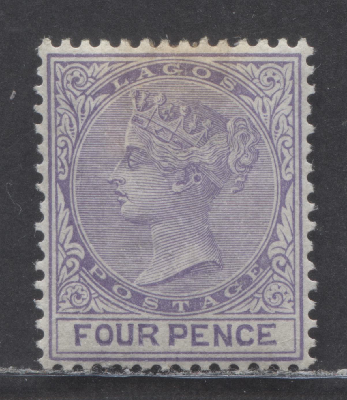 Lot 92 Lagos SC#23 4d Bluish Violet 1884-1886 Colour Changes & New Values, Crown CA Watermark, Perf 14 Comb, Showing Bullet Hole Flaw, A FOG Example, Click on Listing to See ALL Pictures, Estimated Value $100 USD