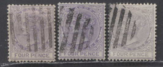 Lot 95 Lagos SC#23 4d Bluish Violet, Dull Violet & Gray Violet 1884-1886 Colour Changes, Crown CA Watermark, Perf 14 Comb, 3 Fine/Very Fine Used Examples, Different Printings, Click on Listing to See ALL Pictures, 2022 Scott Classic Cat. $37.5 USD