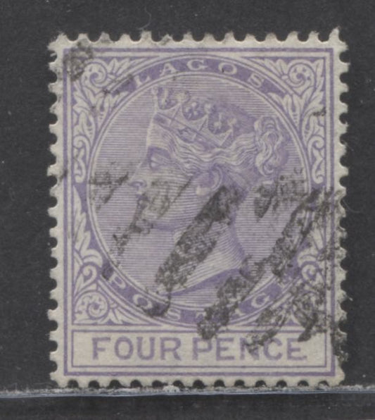 Lagos SC#23 4d Bluish Violet 1884-1886 Colour Changes & New Values, Crown CA Watermark, Perf 14 Comb, Light 9-Bar Cancellation, A Very Fine Used Example, Click on Listing to See ALL Pictures, 2022 Scott Classic Cat. $12.5 USD