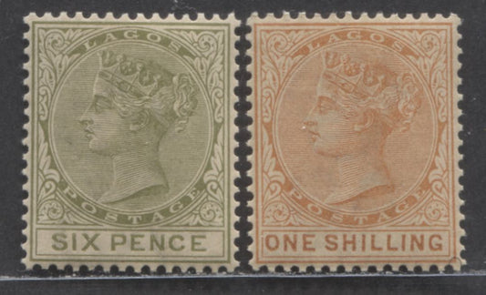Lot 105 Lagos SC#26/31 1884-1886 Colour Changes & New Values, Crown CA Watermark, 6d Olive Green & 1/- Brown Orange And Dull Orange, Perf 14 Comb With Smooth Brownish Gum, 2 VFNH Singles, Estimated Value $60 USD