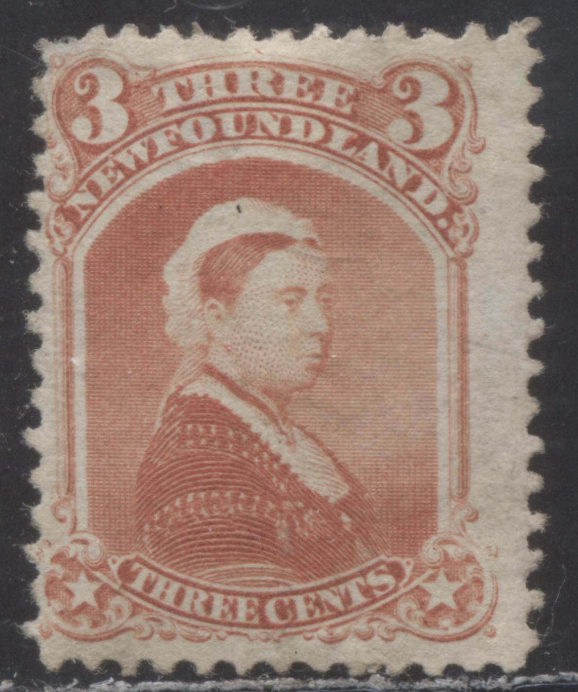 Lot 68 Newfoundland #33 3c Vermilion Queen Victoria, 1868 - 1894 Second Cents Issue, A VG Unused Single Perf 12.1 x 12, Pulled UL Corner Perf