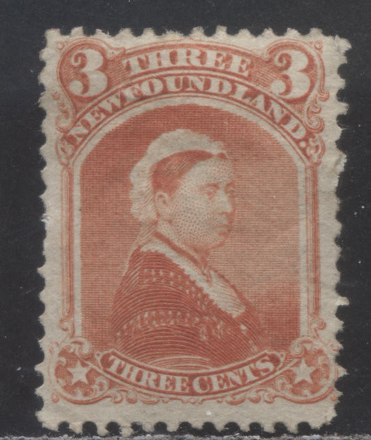 Lot 69 Newfoundland #33 3c Vermilion Queen Victoria, 1868 - 1894 Second Cents Issue, A Fine Unused Single Perf 12.2 x 12