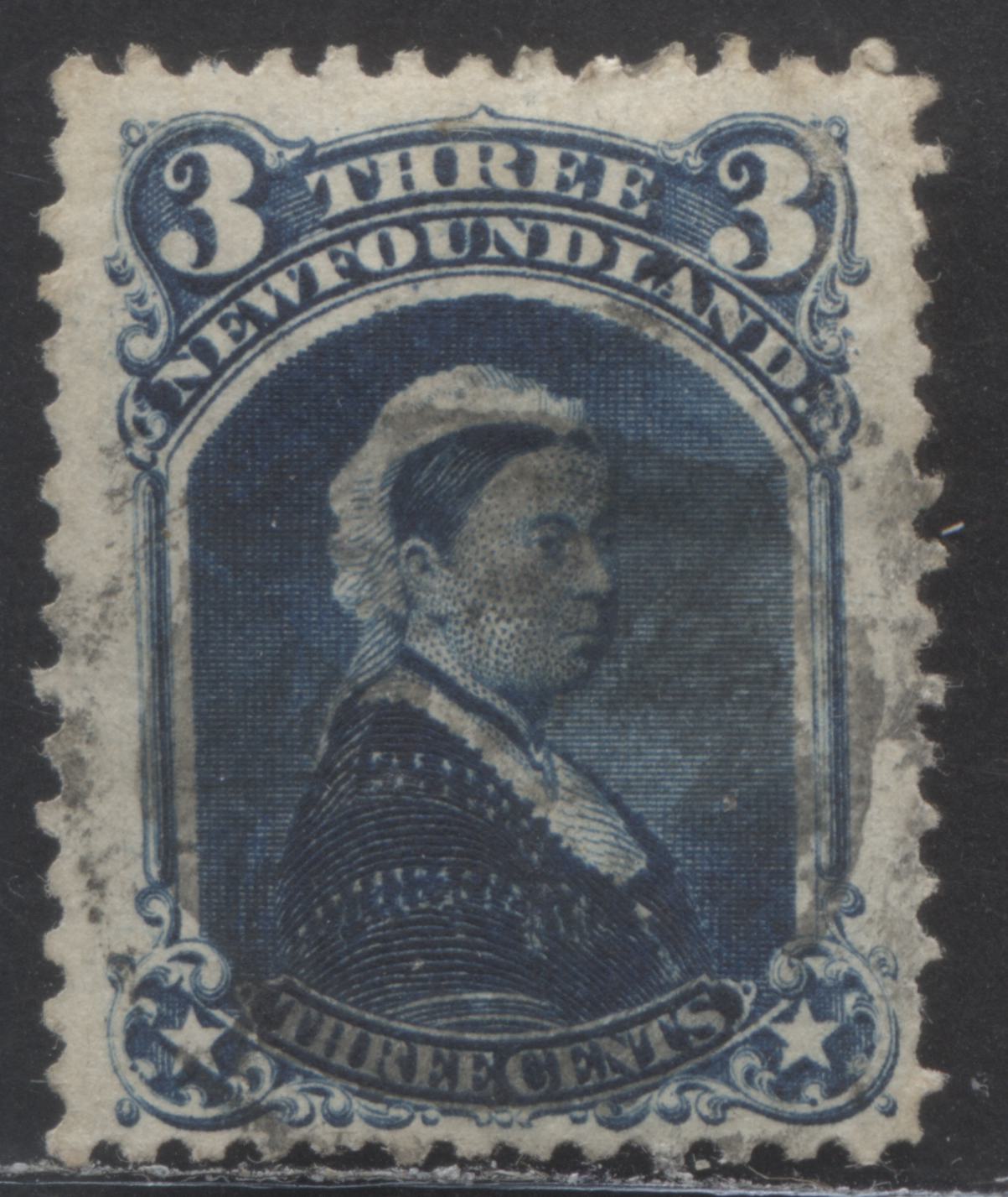 Lot 73 Newfoundland #34 3c  Very Dark Blue Queen Victoria, 1868 - 1894 Second Cents Issue, A Fine Used Single On Vertical Wove Paper