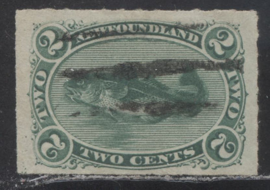 Lot 87 Newfoundland #38 2c Green Codfish, 1876 - 1879 Rouletted Cents Issue, A Very Fine Used Single On Vertical Wove Paper With Partial Imprint At Lower Left