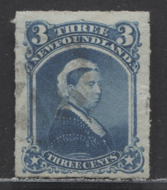 Lot 89 Newfoundland #39 3c Blue Queen Victoria, 1876 - 1879 Rouletted Cents Issue, A Very Fine Used Single