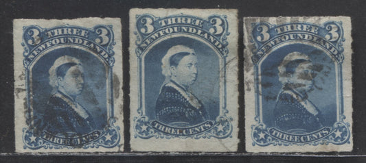 Lot 90 Newfoundland #39 3c Dark Blue, Blue, Bright Blue Queen Victoria, 1876 - 1879 Rouletted Cents Issue, 3 Fine Used Singles, All Different Shades, Blue Is Sound, Other Two With Small Faults