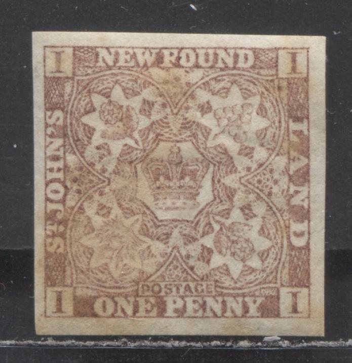 Lot 9 Newfoundland #1 1d Brown Violet, 1857 - 1860 Pence Issue, A FOG Single With 22mm x 22.5mm, OG & 4 Margins, But Toning