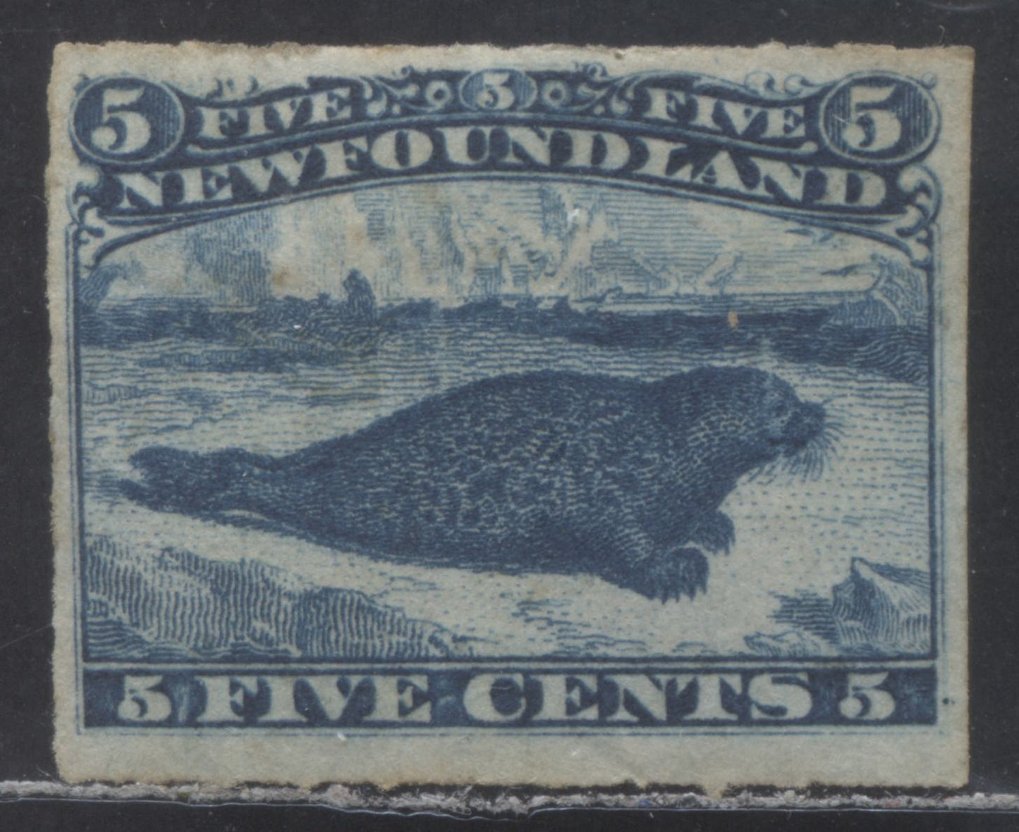 Lot 91 Newfoundland #40 5c Blue Harp Seal, 1876 - 1879 Rouletted Cents Issue, A Very Fine Unused Single, With Re-entry At Lower Right, Doubling Of Frame