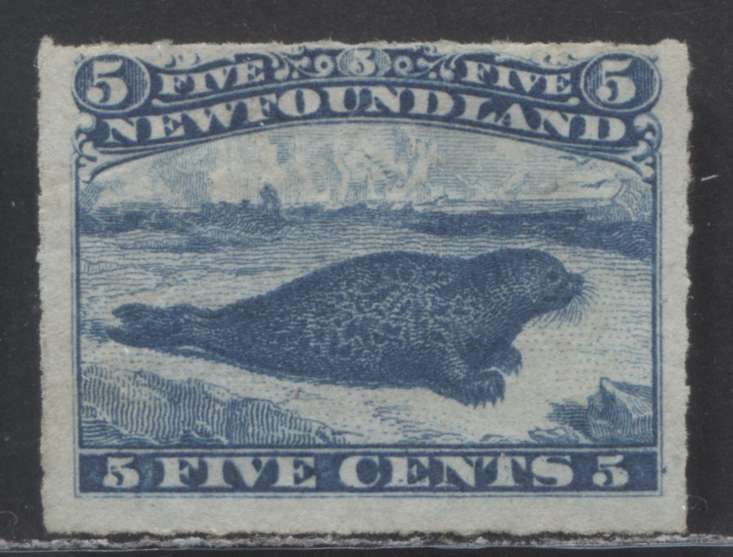 Lot 92 Newfoundland #40ii 5c Blue Harp Seal, 1876 - 1879 Rouletted Cents Issue, A Fine Unused Single, With Misplaced Entry