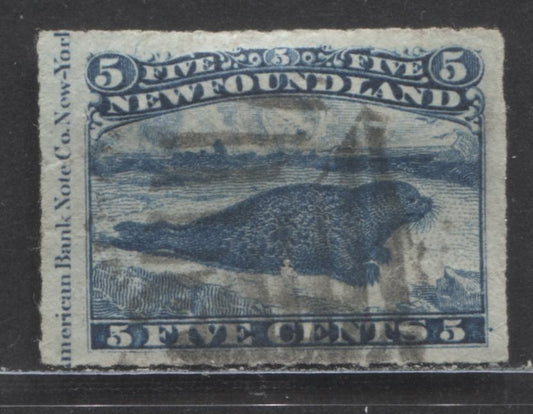 Lot 93 Newfoundland #40 5c Blue Harp Seal, 1876 - 1879 Rouletted Cents Issue, A Very Fine Used Imprint Single