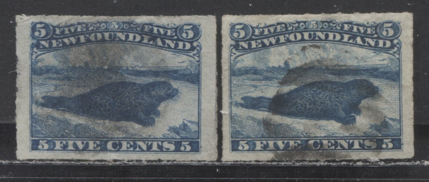 Lot 94 Newfoundland #40 5c Blue Harp Seal, 1876 - 1879 Rouletted Cents Issue, 2 Very Fine Used Singles With Two Different Shades