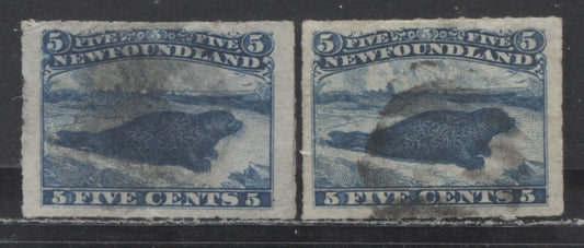 Lot 94 Newfoundland #40 5c Blue Harp Seal, 1876 - 1879 Rouletted Cents Issue, 2 Very Fine Used Singles With Two Different Shades