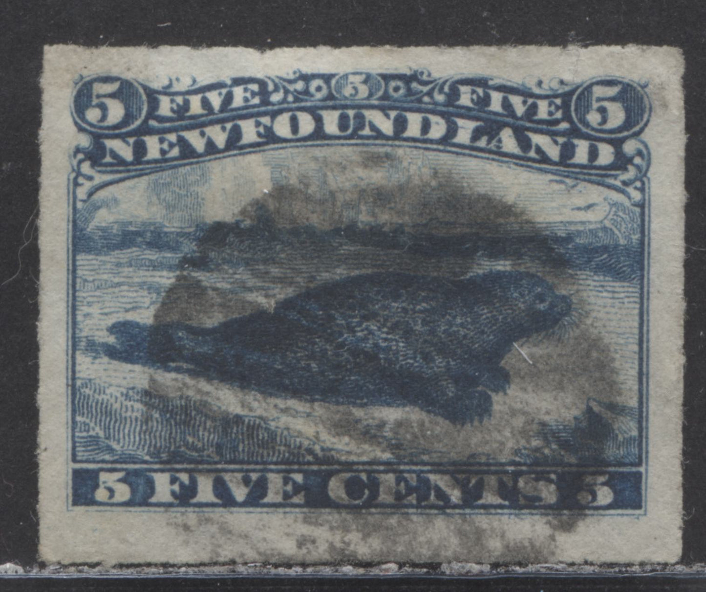 Lot 95 Newfoundland #40ii 5c Blue Harp Seal, 1876 - 1879 Rouletted Cents Issue, A Very Fine Used Singles With Position 95 Misplaced Entry