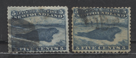Lot 96 Newfoundland #40F 5c Blue Harp Seal, 1876 - 1879 Rouletted Cents Issue, An Ungraded Single With Perforation 12 and A Second Example With Serrate Roulette, Likely Fake, But The Correct Gauge, Useful Reference Material