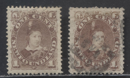 Lot 99 Newfoundland #41 1c Violet Brown Edward, Prince Of Wales, 1880-1886 Third Cents Issue, 2 Very Fine Used Singles With Perfs 12.1 x 12.2 & 12
