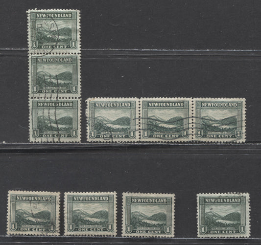 Newfoundland #131 1c Deep Bluish Green Twin Hills, 1923-1924 Pictoral Issue, 4 Very Fine Used Singles And 2 Strips Of 3 All With Unlisted Re-Entries, Mostly Occuring Near Or Above Upper Frameline. Also Includes Misplaced Entry