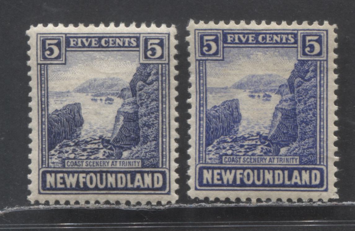 Lot 139 Newfoundland #135 5c Ultramarine & Dark Blue Coast Of Trinity, 1923-1924 Pictoral Issue, 2 VFOG Singles With Line Perfs 14.2x14.3 & 14.2