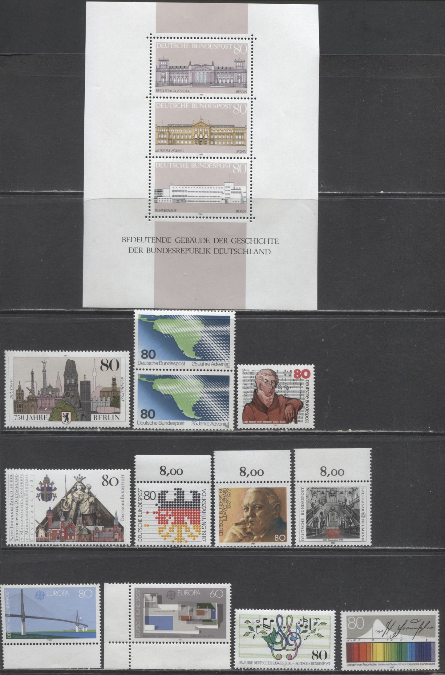 Lot 20 Germany SC#1463/1503 1986-1987 Commemoratives, 11 VFNH Singles & Souvenir Sheet, Click on Listing to See ALL Pictures, 2022 Scott Classic Cat. $21.65 USD
