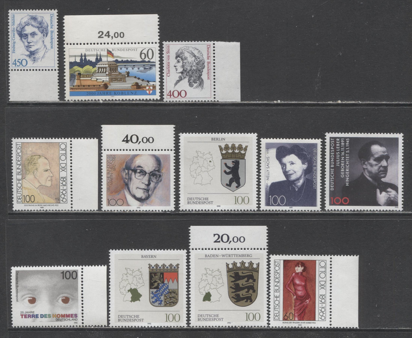 Germany SC#1692/1735 1991 Otto Dix - Famous Women, 12 VFNH Singles, Click on Listing to See ALL Pictures, 2022 Scott Classic Cat. $23.25 USD