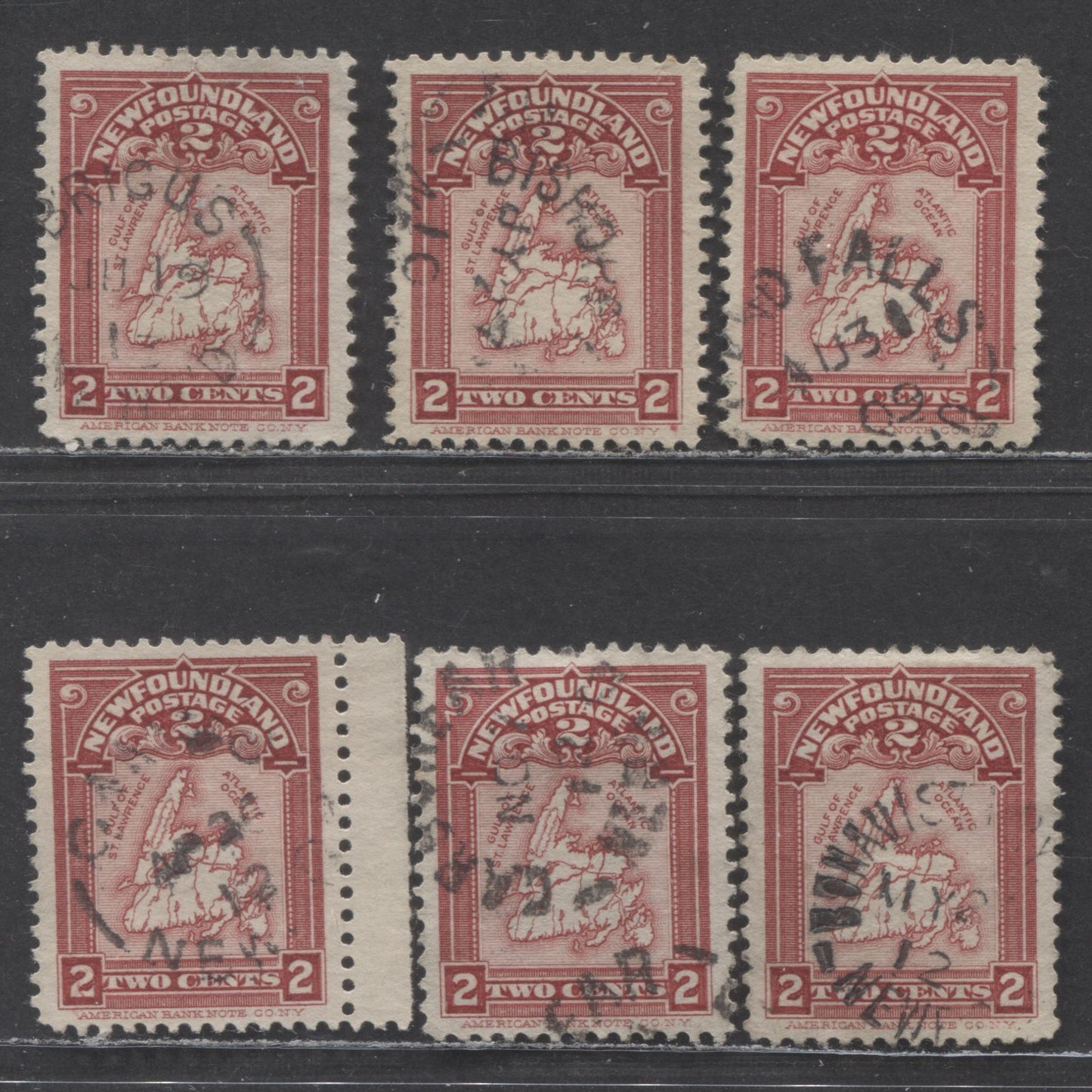 Lot 4 Newfoundland #86 2c Rose Carmine, 1908 Map Of Newfoundland Issue, 6 Very Fine Used Singles On Horizontal Wove Paper With Small Town Cancels, Perf 12