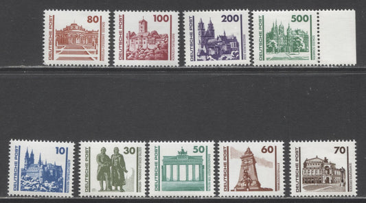 Lot 35 Democratic German Republic SC#2832-2840 1990 Building Definitives, Valid for postage in both East & West Germany, 9 VFNH Singles, Click on Listing to See ALL Pictures, 2022 Scott Classic Cat. $13.65 USD