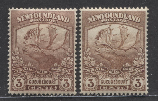 Lot 81 Newfoundland #117,117b 3c Red Brown & Brown Gueudecourt, 1919 Trail Of The Caribou Issue, 2 VFOG Singles With Perf 14.3x14 Line