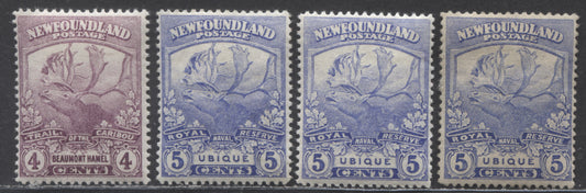 Lot 86 Newfoundland #118b,119 4c,5c Mauve, Ultramarine Beaumont Hamel, Ubique, 1919 Trail Of The Caribou Issue, 4 VFOG Singles With Various Perfs And Shades